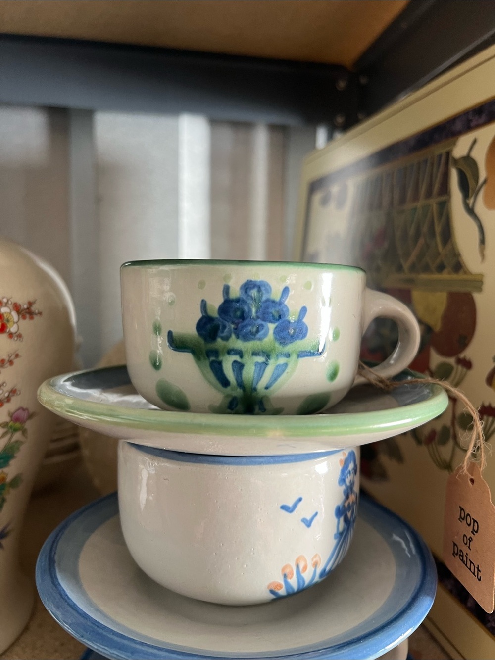 One MA Hadley Hand-Painted Ceramic cup and Saucer — Green and Blue Floral